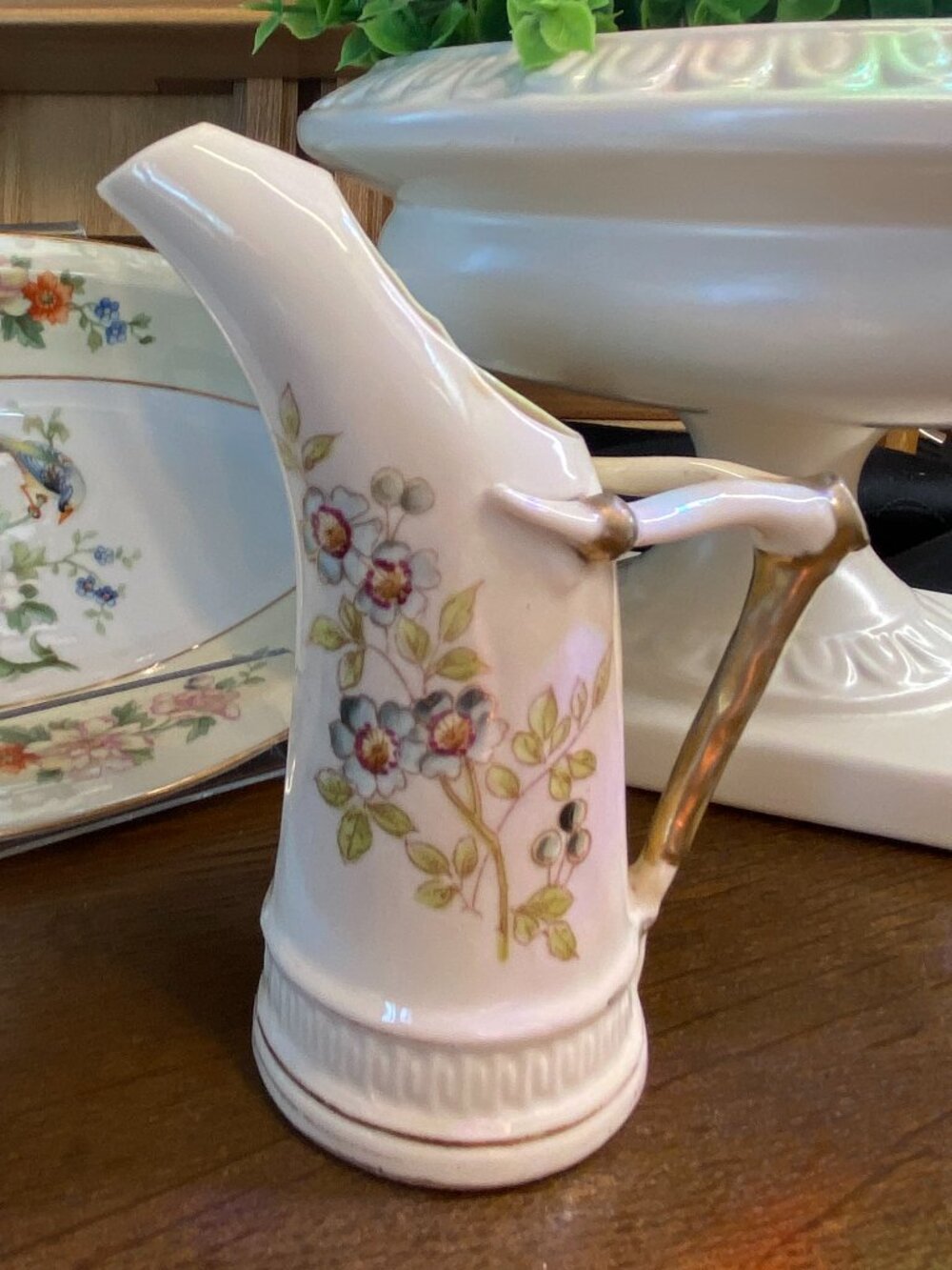 Antique Roschutz German Porcelain Creamer Ewer Pitcher Antler Horn w/ Flowers